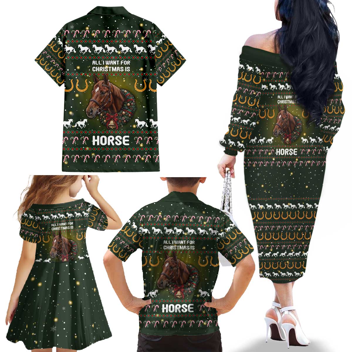 Horse All I Need For Christmas Christmas Family Matching Off The Shoulder Long Sleeve Dress and Hawaiian Shirt Xmas Holiday Patterns - Wonder Print Shop