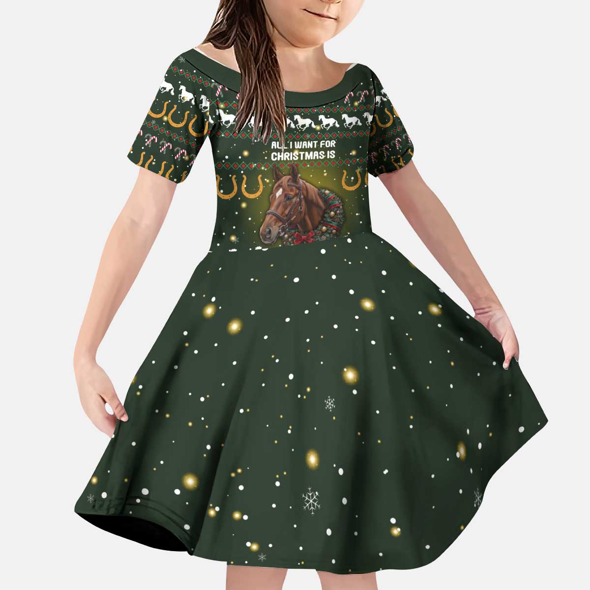 Horse All I Need For Christmas Christmas Kid Short Sleeve Dress Xmas Holiday Patterns - Wonder Print Shop