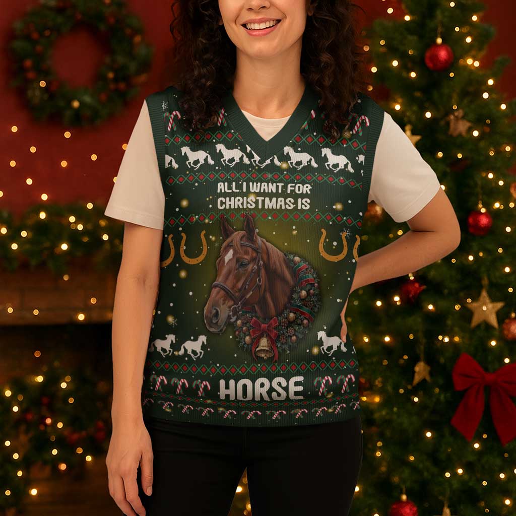 Horse All I Need For Christmas Christmas Knitted V-Neck Vest Xmas Holiday Patterns - Wonder Print Shop