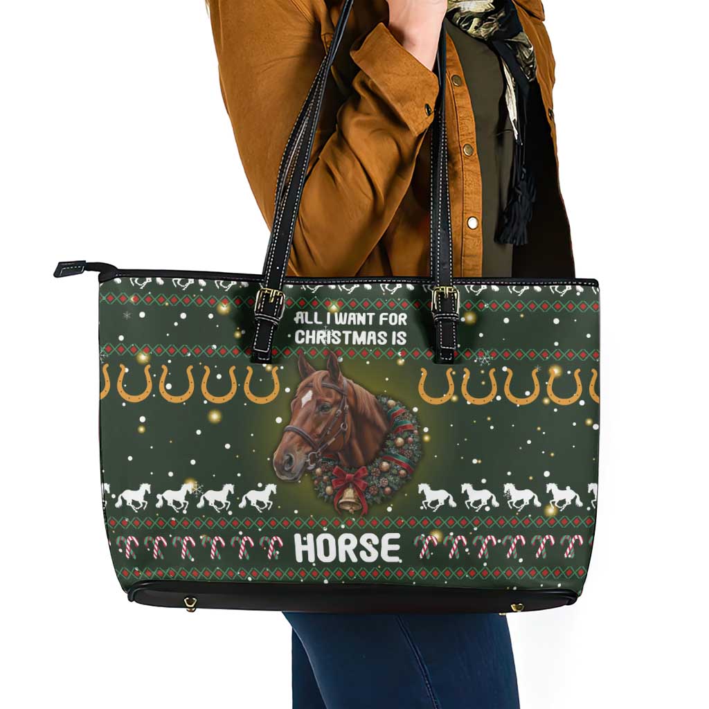 Horse All I Need For Christmas Christmas Leather Tote Bag Xmas Holiday Patterns - Wonder Print Shop