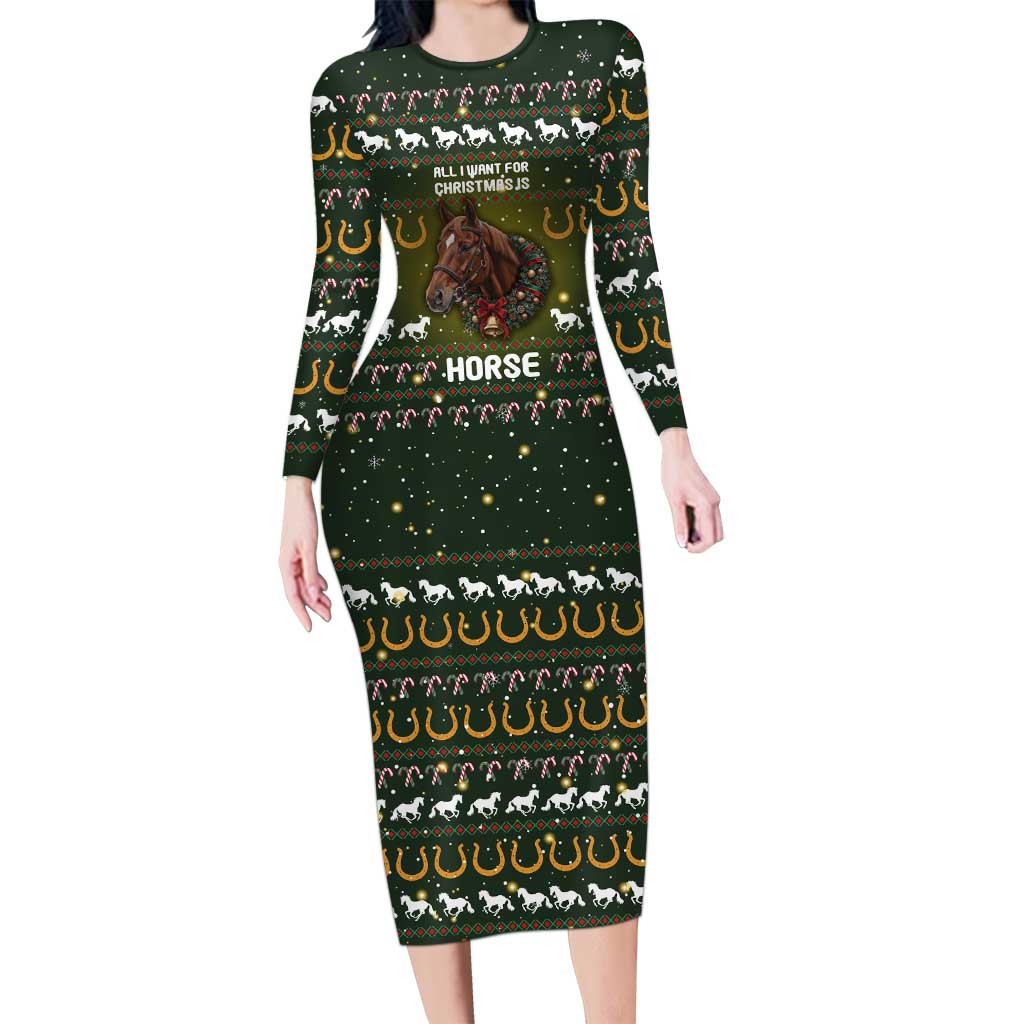 Horse All I Need For Christmas Christmas Long Sleeve Bodycon Dress Xmas Holiday Patterns - Wonder Print Shop