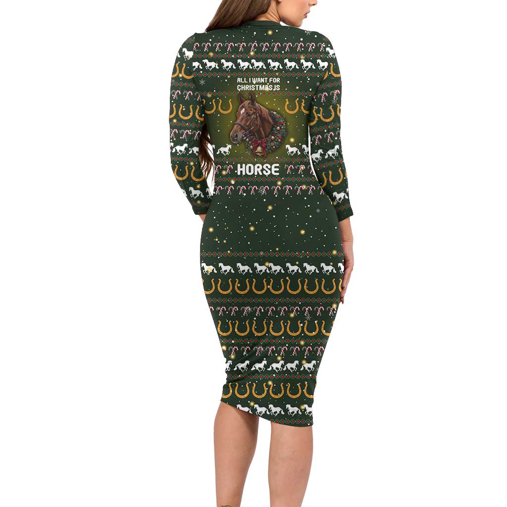 Horse All I Need For Christmas Christmas Long Sleeve Bodycon Dress Xmas Holiday Patterns - Wonder Print Shop