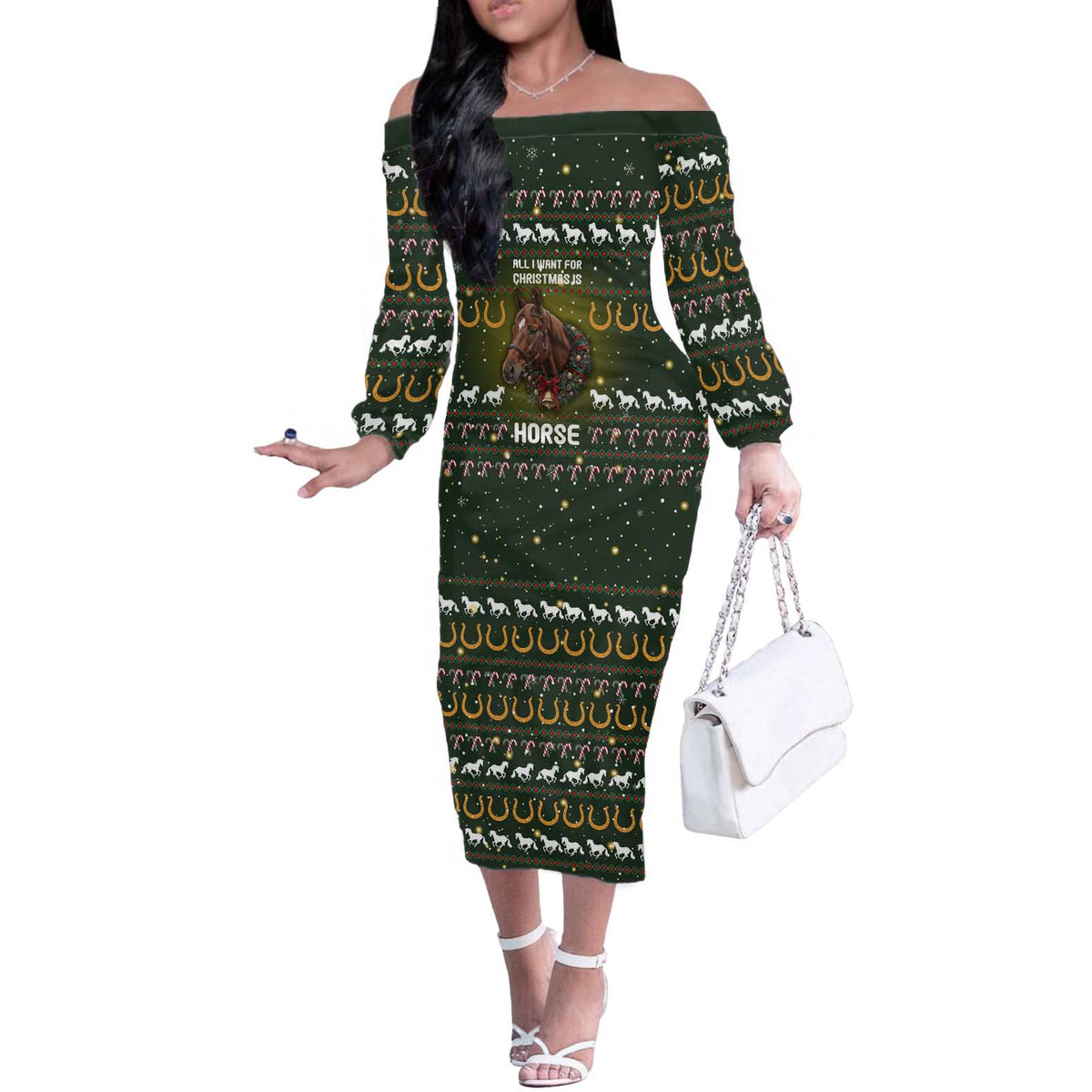 Horse All I Need For Christmas Christmas Off The Shoulder Long Sleeve Dress Xmas Holiday Patterns - Wonder Print Shop