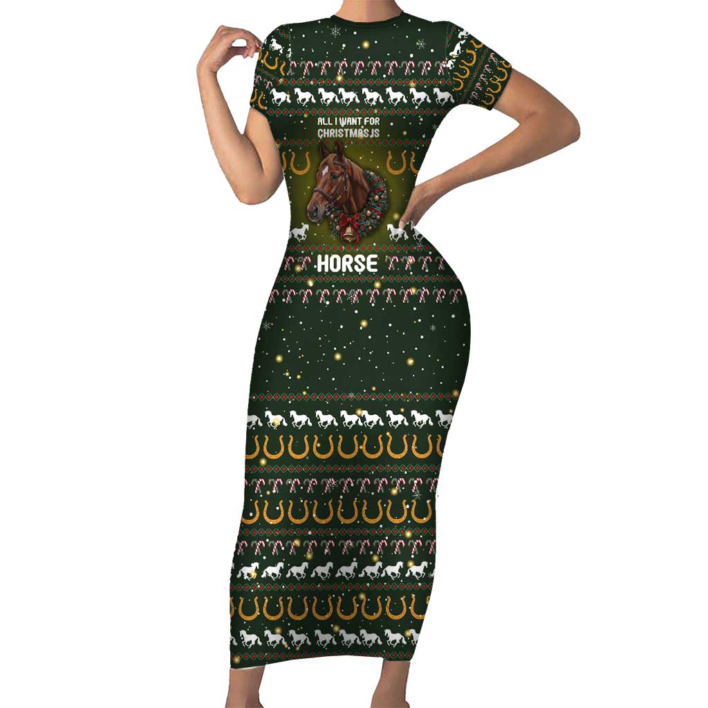 Horse All I Need For Christmas Christmas Short Sleeve Bodycon Dress Xmas Holiday Patterns - Wonder Print Shop