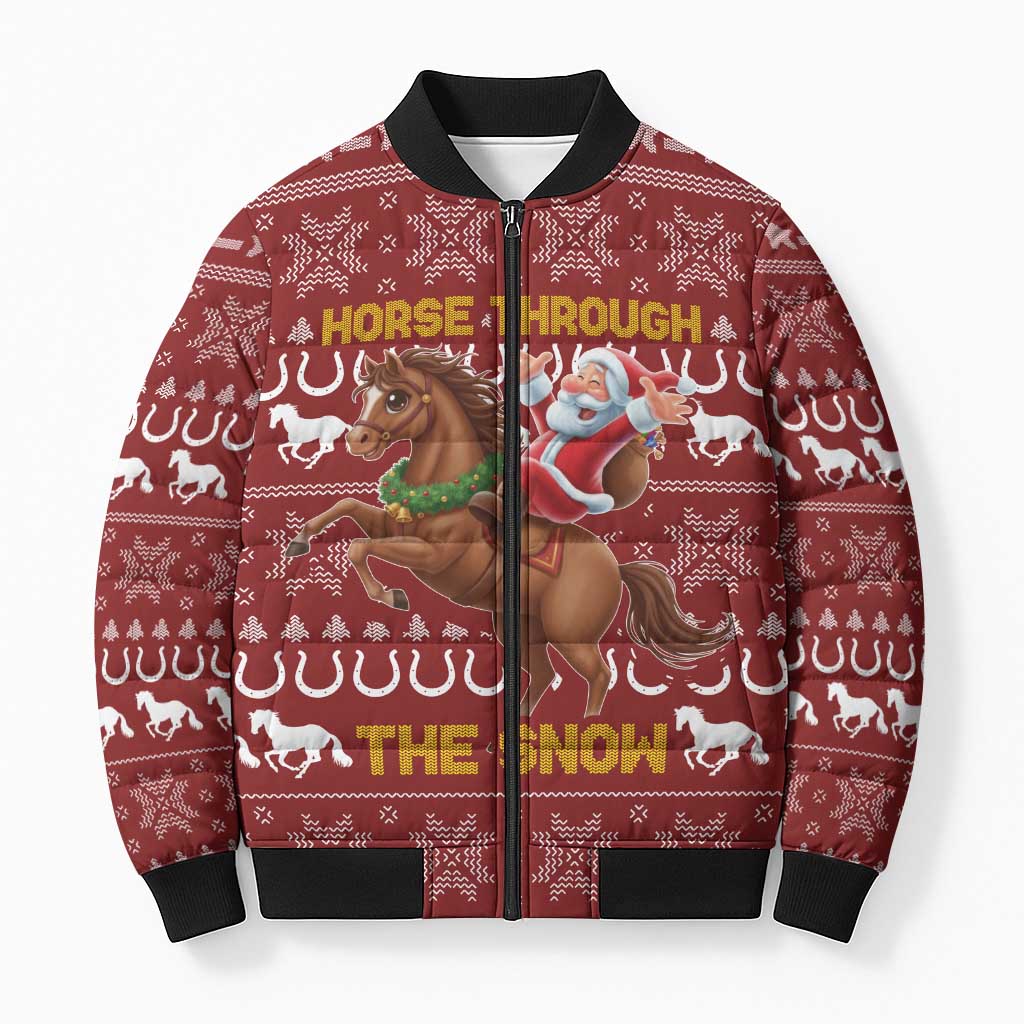 Horse Through The Snow Christmas Design Bomber Puffer Jacket Xmas Holiday Patterns - Wonder Print Shop