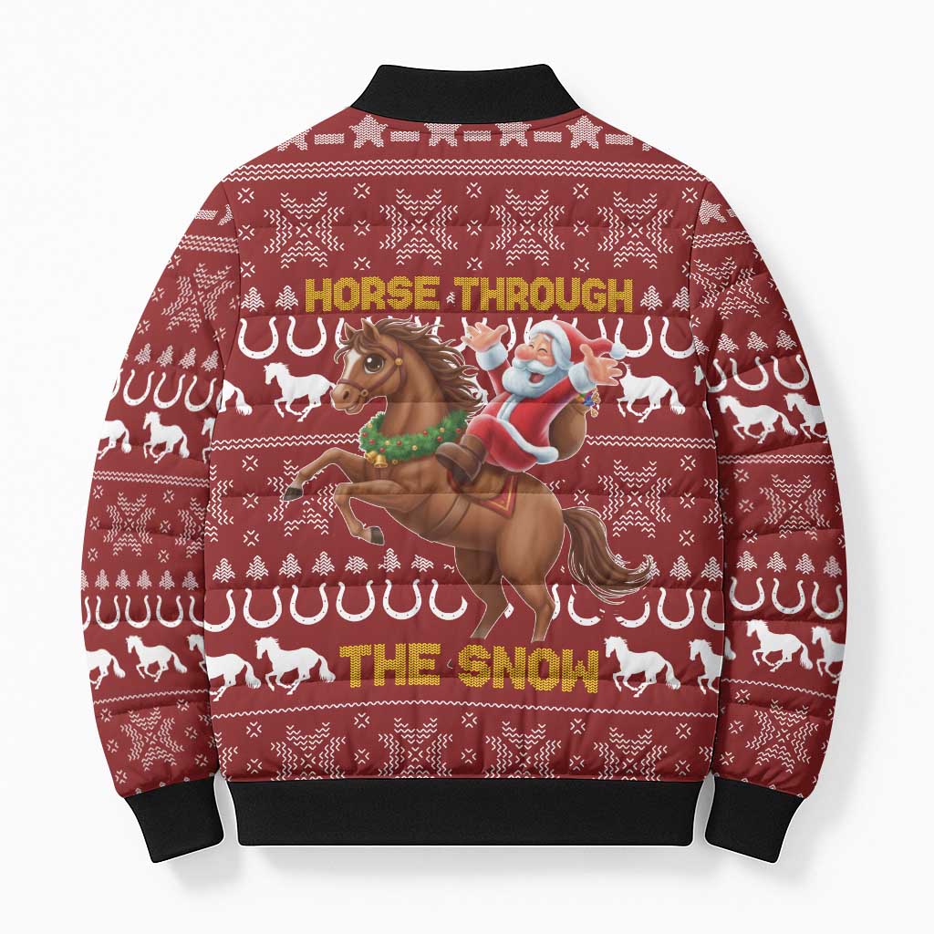 Horse Through The Snow Christmas Design Bomber Puffer Jacket Xmas Holiday Patterns - Wonder Print Shop