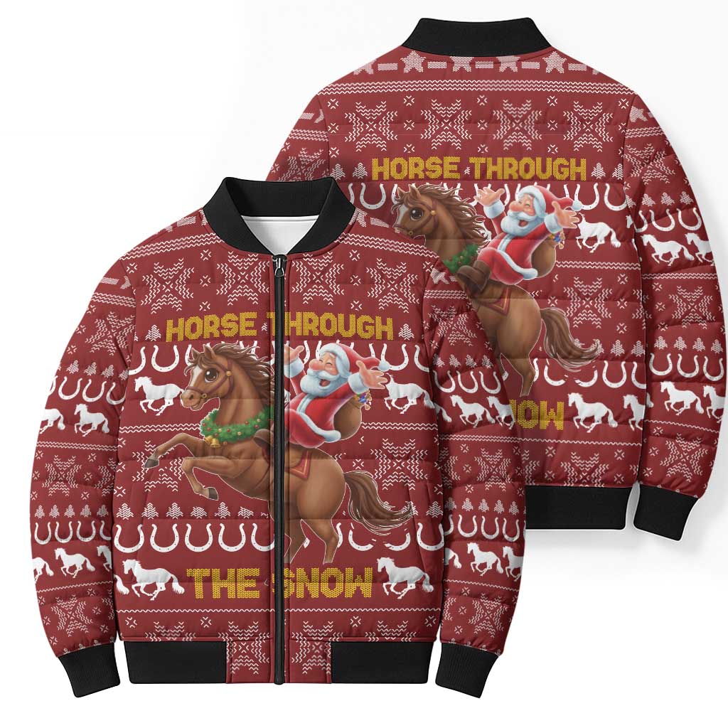 Horse Through The Snow Christmas Design Bomber Puffer Jacket Xmas Holiday Patterns - Wonder Print Shop