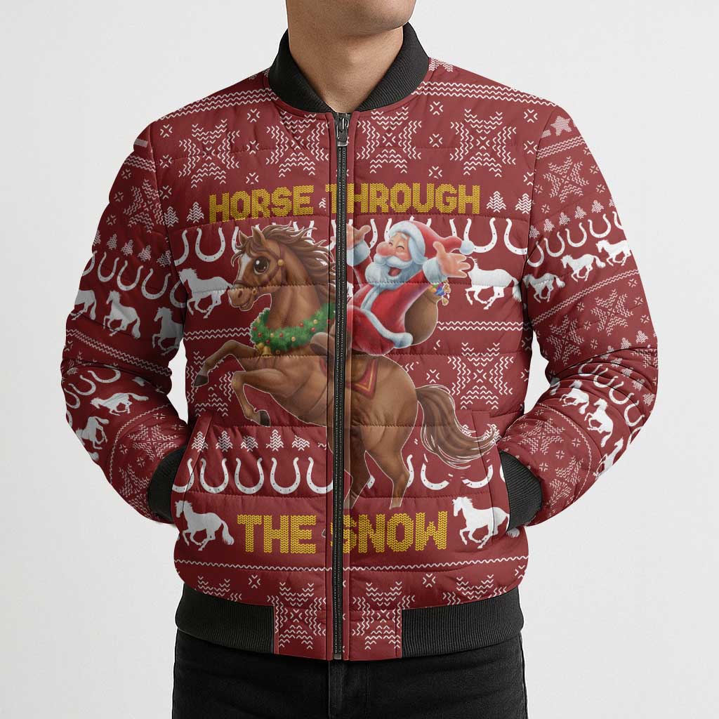 Horse Through The Snow Christmas Design Bomber Puffer Jacket Xmas Holiday Patterns - Wonder Print Shop
