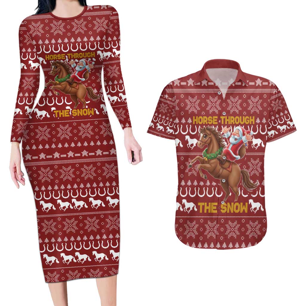 Horse Through The Snow Christmas Design Couples Matching Long Sleeve Bodycon Dress and Hawaiian Shirt Xmas Holiday Patterns - Wonder Print Shop
