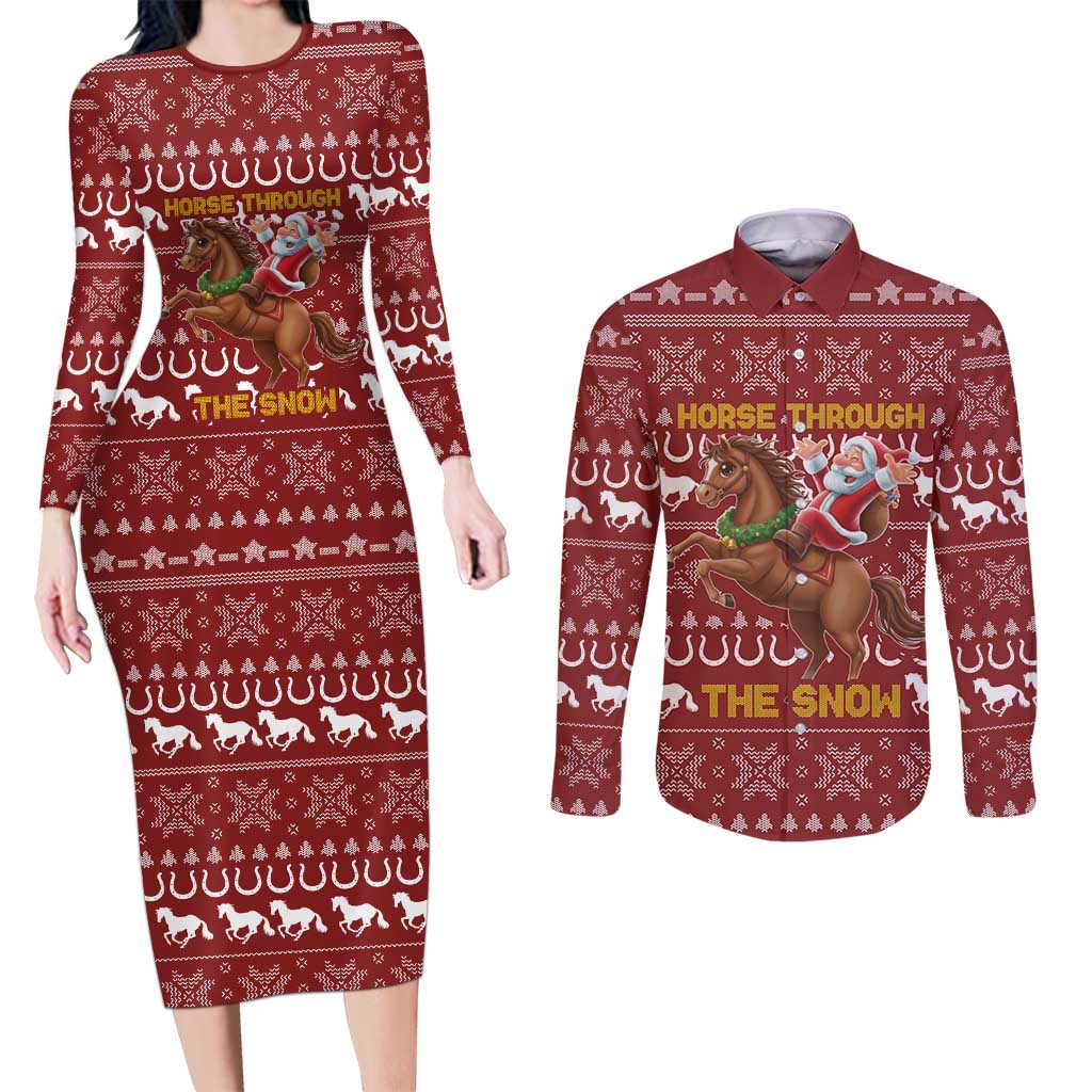 Horse Through The Snow Christmas Design Couples Matching Long Sleeve Bodycon Dress and Long Sleeve Button Shirt Xmas Holiday Patterns - Wonder Print Shop