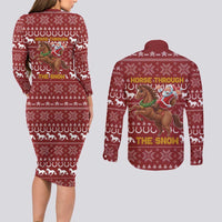 Horse Through The Snow Christmas Design Couples Matching Long Sleeve Bodycon Dress and Long Sleeve Button Shirt Xmas Holiday Patterns - Wonder Print Shop