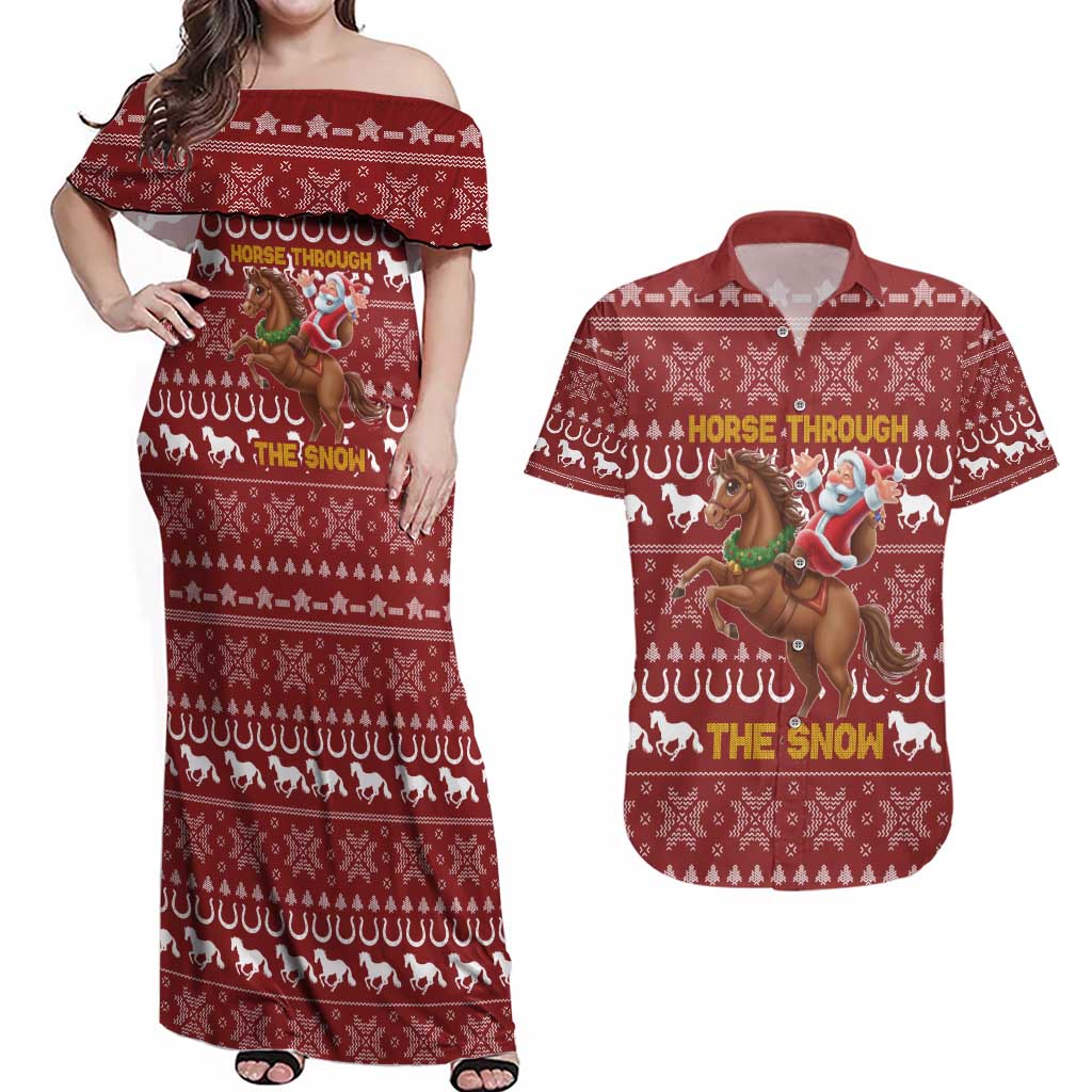 Horse Through The Snow Christmas Design Couples Matching Off Shoulder Maxi Dress and Hawaiian Shirt Xmas Holiday Patterns - Wonder Print Shop