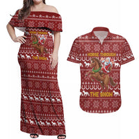 Horse Through The Snow Christmas Design Couples Matching Off Shoulder Maxi Dress and Hawaiian Shirt Xmas Holiday Patterns - Wonder Print Shop
