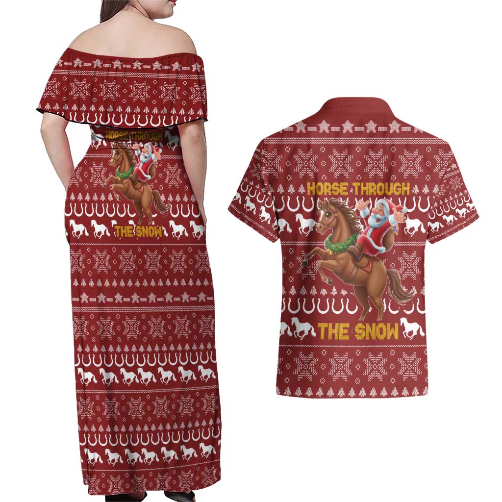Horse Through The Snow Christmas Design Couples Matching Off Shoulder Maxi Dress and Hawaiian Shirt Xmas Holiday Patterns - Wonder Print Shop
