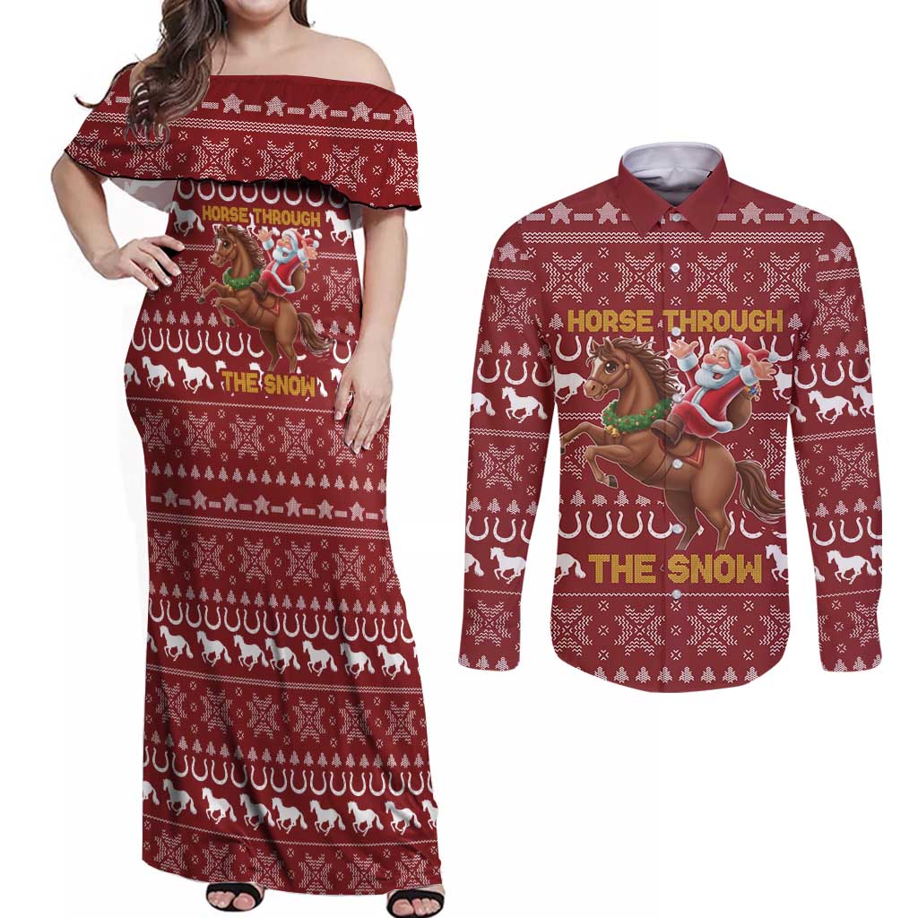 Horse Through The Snow Christmas Design Couples Matching Off Shoulder Maxi Dress and Long Sleeve Button Shirt Xmas Holiday Patterns - Wonder Print Shop