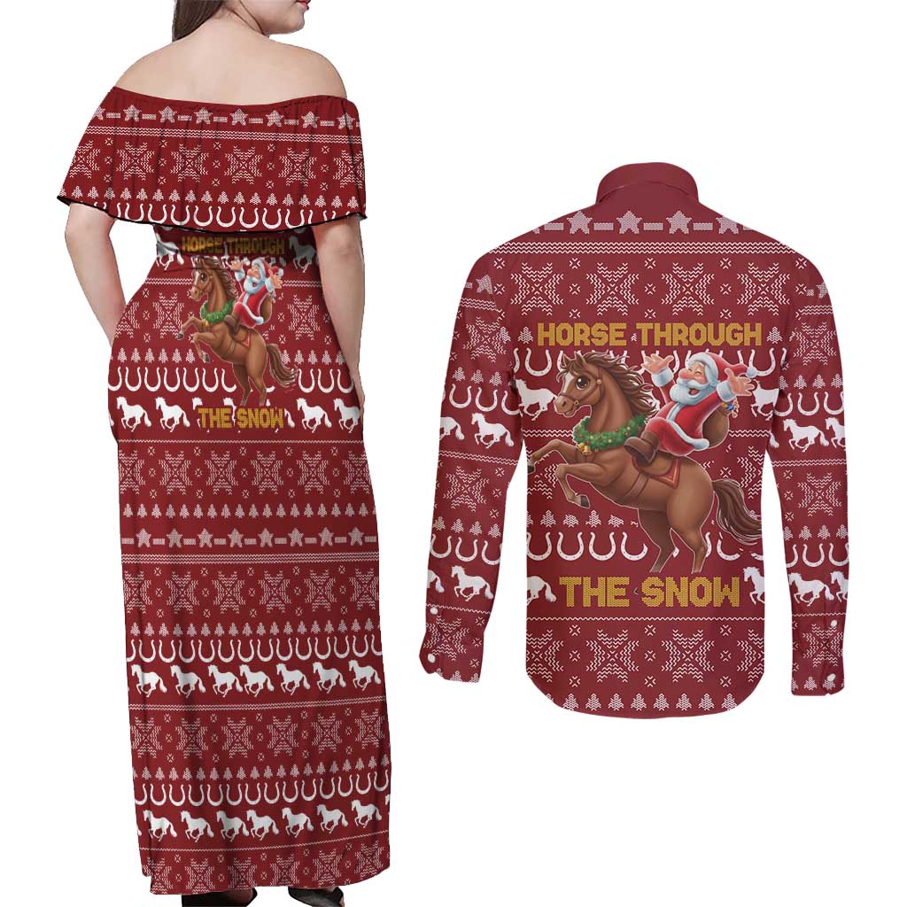 Horse Through The Snow Christmas Design Couples Matching Off Shoulder Maxi Dress and Long Sleeve Button Shirt Xmas Holiday Patterns - Wonder Print Shop
