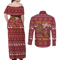 Horse Through The Snow Christmas Design Couples Matching Off Shoulder Maxi Dress and Long Sleeve Button Shirt Xmas Holiday Patterns - Wonder Print Shop