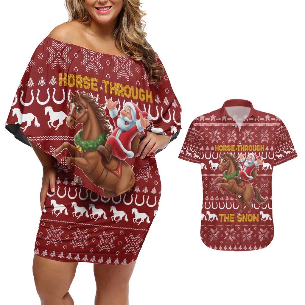 Horse Through The Snow Christmas Design Couples Matching Off Shoulder Short Dress and Hawaiian Shirt Xmas Holiday Patterns - Wonder Print Shop