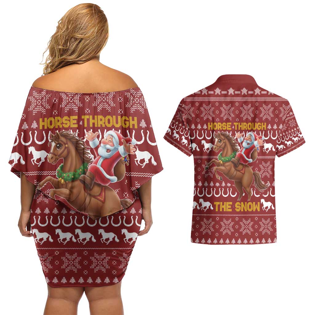 Horse Through The Snow Christmas Design Couples Matching Off Shoulder Short Dress and Hawaiian Shirt Xmas Holiday Patterns - Wonder Print Shop
