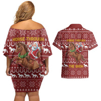 Horse Through The Snow Christmas Design Couples Matching Off Shoulder Short Dress and Hawaiian Shirt Xmas Holiday Patterns - Wonder Print Shop