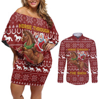 Horse Through The Snow Christmas Design Couples Matching Off Shoulder Short Dress and Long Sleeve Button Shirt Xmas Holiday Patterns - Wonder Print Shop