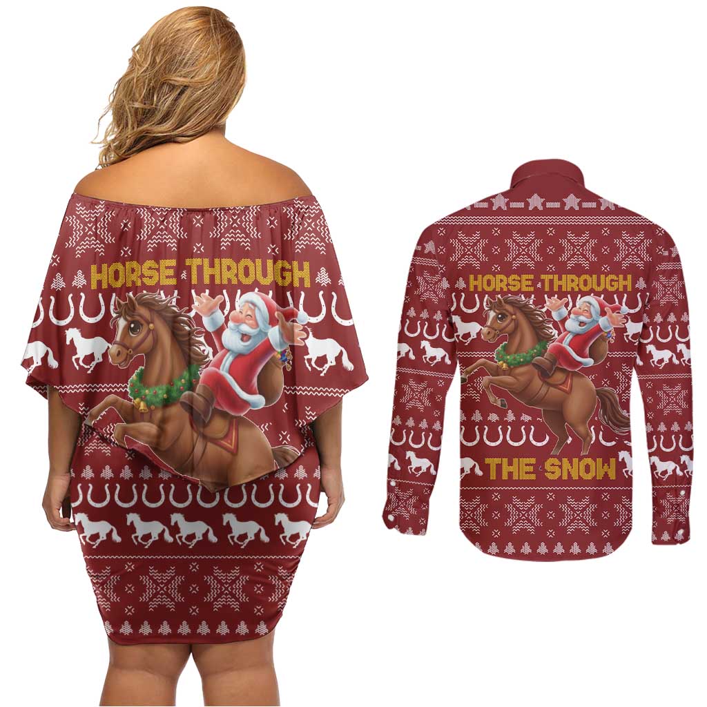Horse Through The Snow Christmas Design Couples Matching Off Shoulder Short Dress and Long Sleeve Button Shirt Xmas Holiday Patterns - Wonder Print Shop
