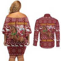 Horse Through The Snow Christmas Design Couples Matching Off Shoulder Short Dress and Long Sleeve Button Shirt Xmas Holiday Patterns - Wonder Print Shop