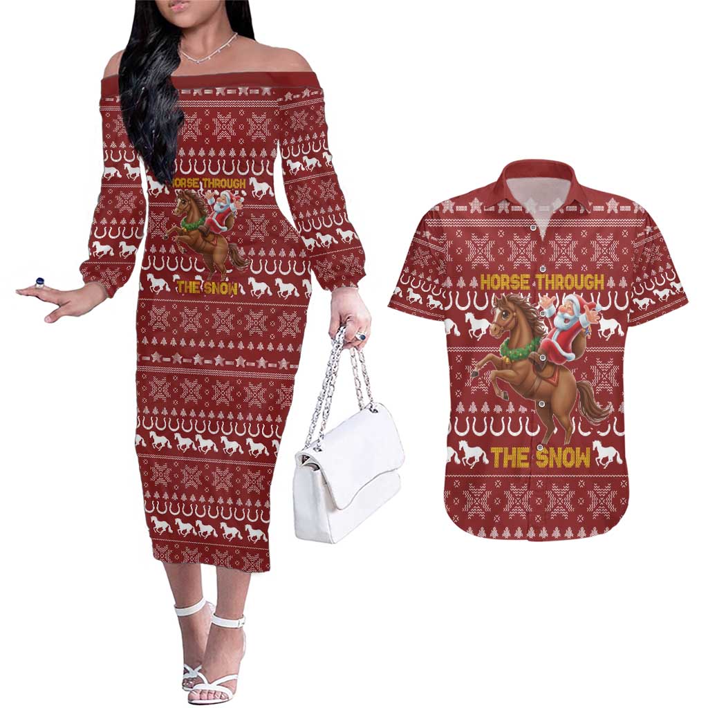 Horse Through The Snow Christmas Design Couples Matching Off The Shoulder Long Sleeve Dress and Hawaiian Shirt Xmas Holiday Patterns - Wonder Print Shop