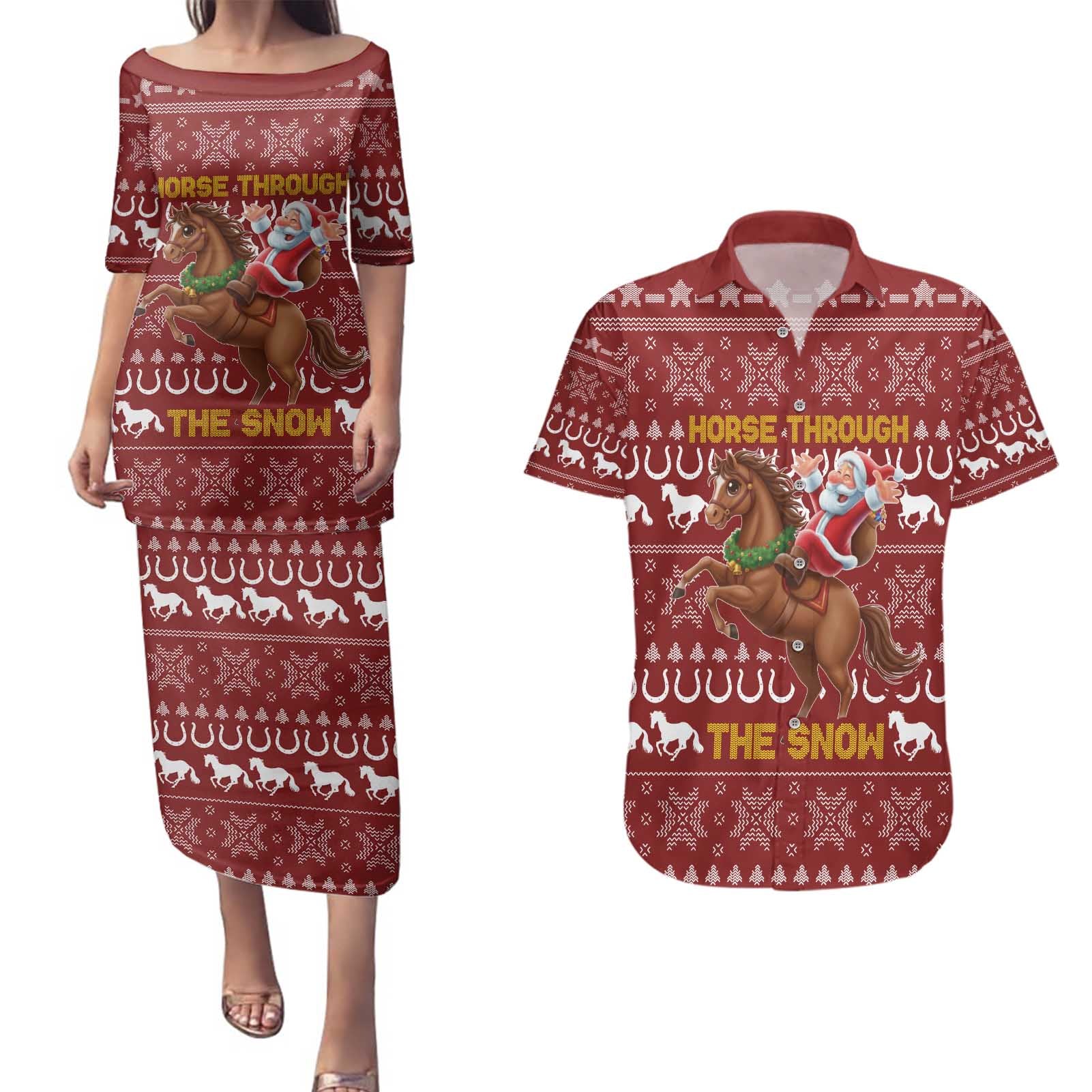Horse Through The Snow Christmas Design Couples Matching Puletasi and Hawaiian Shirt Xmas Holiday Patterns - Wonder Print Shop