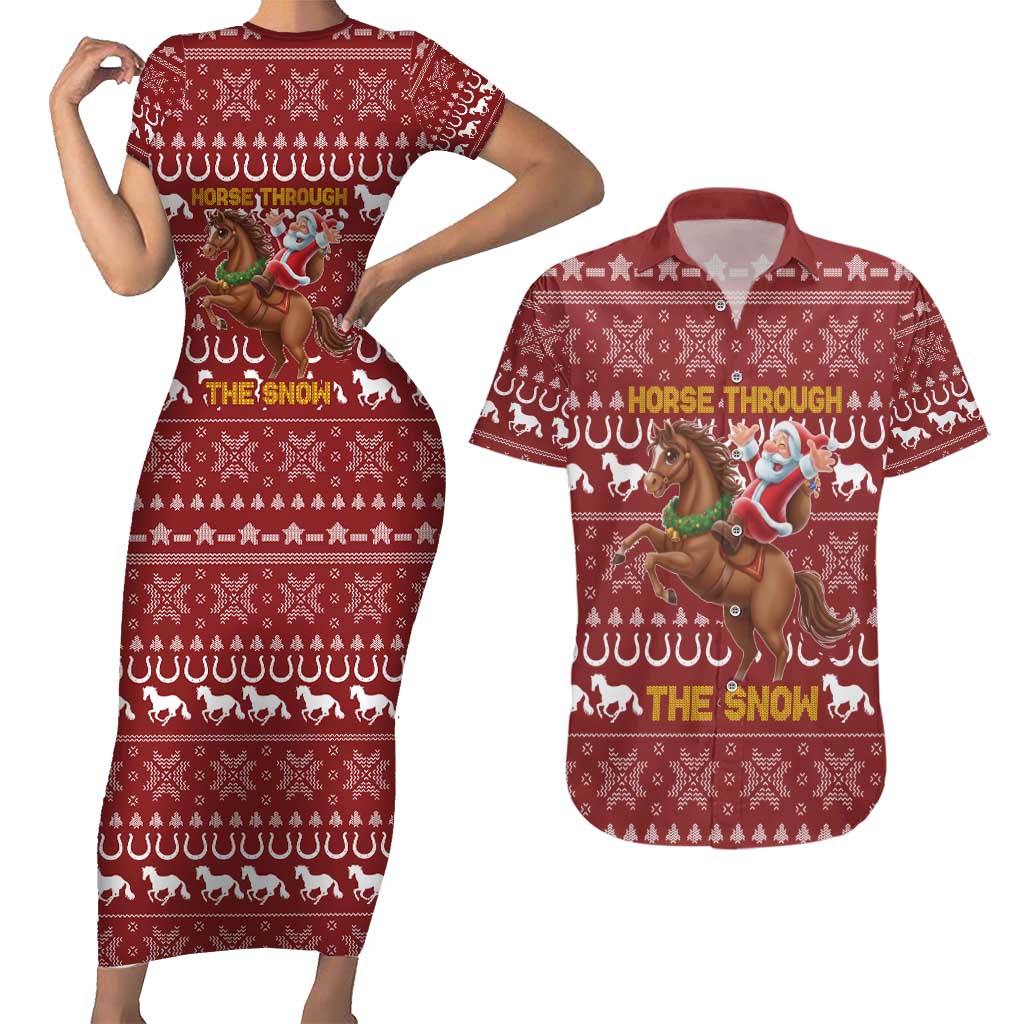 Horse Through The Snow Christmas Design Couples Matching Short Sleeve Bodycon Dress and Hawaiian Shirt Xmas Holiday Patterns - Wonder Print Shop