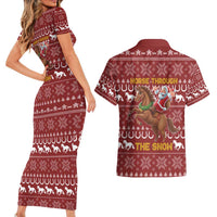 Horse Through The Snow Christmas Design Couples Matching Short Sleeve Bodycon Dress and Hawaiian Shirt Xmas Holiday Patterns - Wonder Print Shop