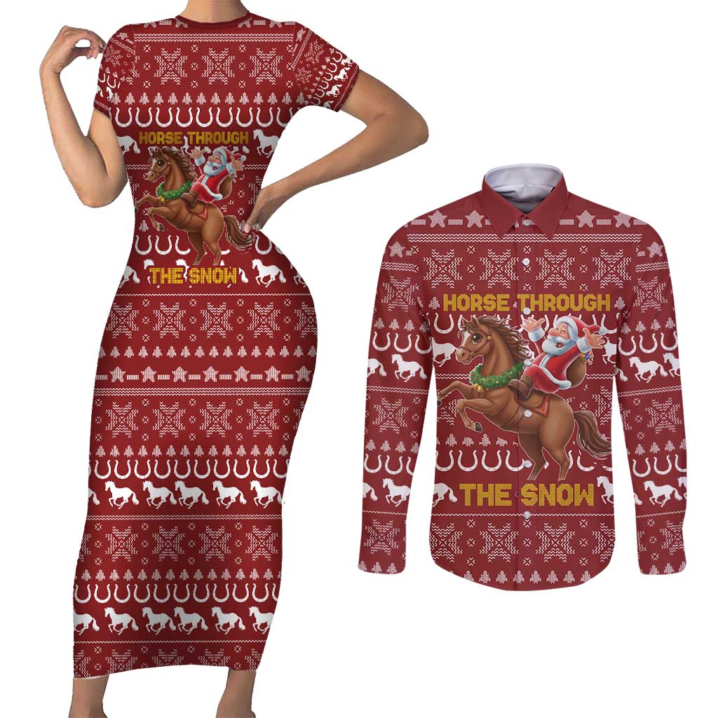 Horse Through The Snow Christmas Design Couples Matching Short Sleeve Bodycon Dress and Long Sleeve Button Shirt Xmas Holiday Patterns - Wonder Print Shop