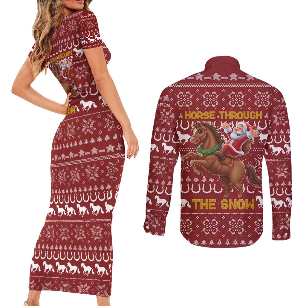 Horse Through The Snow Christmas Design Couples Matching Short Sleeve Bodycon Dress and Long Sleeve Button Shirt Xmas Holiday Patterns - Wonder Print Shop