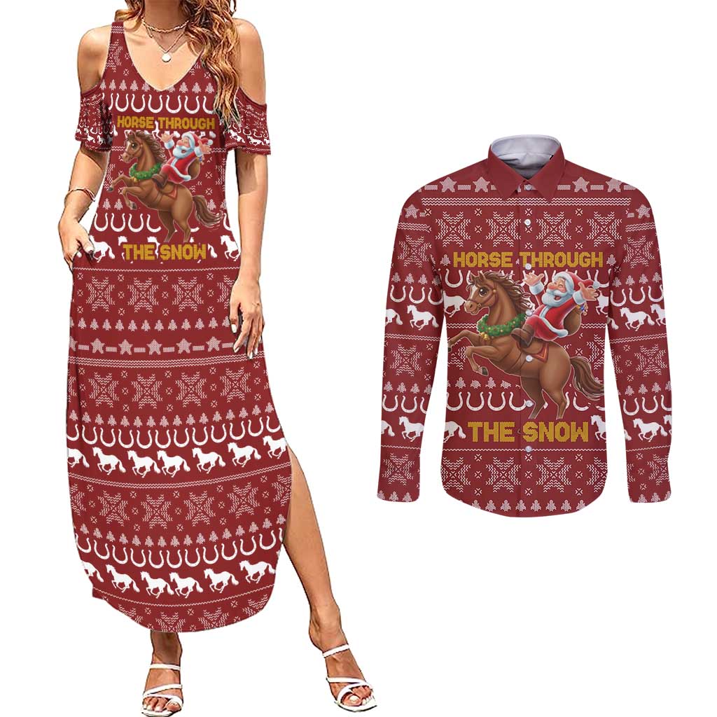 Horse Through The Snow Christmas Design Couples Matching Summer Maxi Dress and Long Sleeve Button Shirt Xmas Holiday Patterns - Wonder Print Shop
