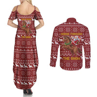 Horse Through The Snow Christmas Design Couples Matching Summer Maxi Dress and Long Sleeve Button Shirt Xmas Holiday Patterns - Wonder Print Shop