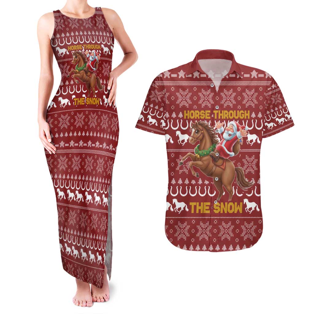 Horse Through The Snow Christmas Design Couples Matching Tank Maxi Dress and Hawaiian Shirt Xmas Holiday Patterns - Wonder Print Shop