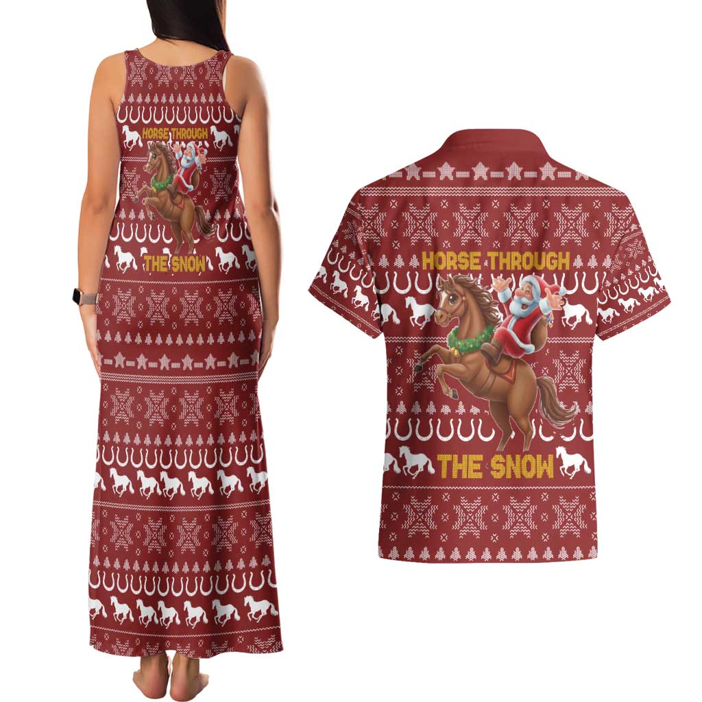 Horse Through The Snow Christmas Design Couples Matching Tank Maxi Dress and Hawaiian Shirt Xmas Holiday Patterns - Wonder Print Shop