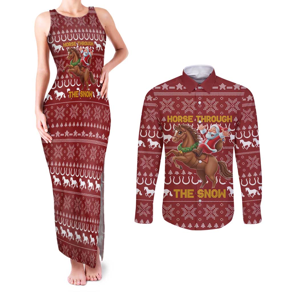 Horse Through The Snow Christmas Design Couples Matching Tank Maxi Dress and Long Sleeve Button Shirt Xmas Holiday Patterns - Wonder Print Shop