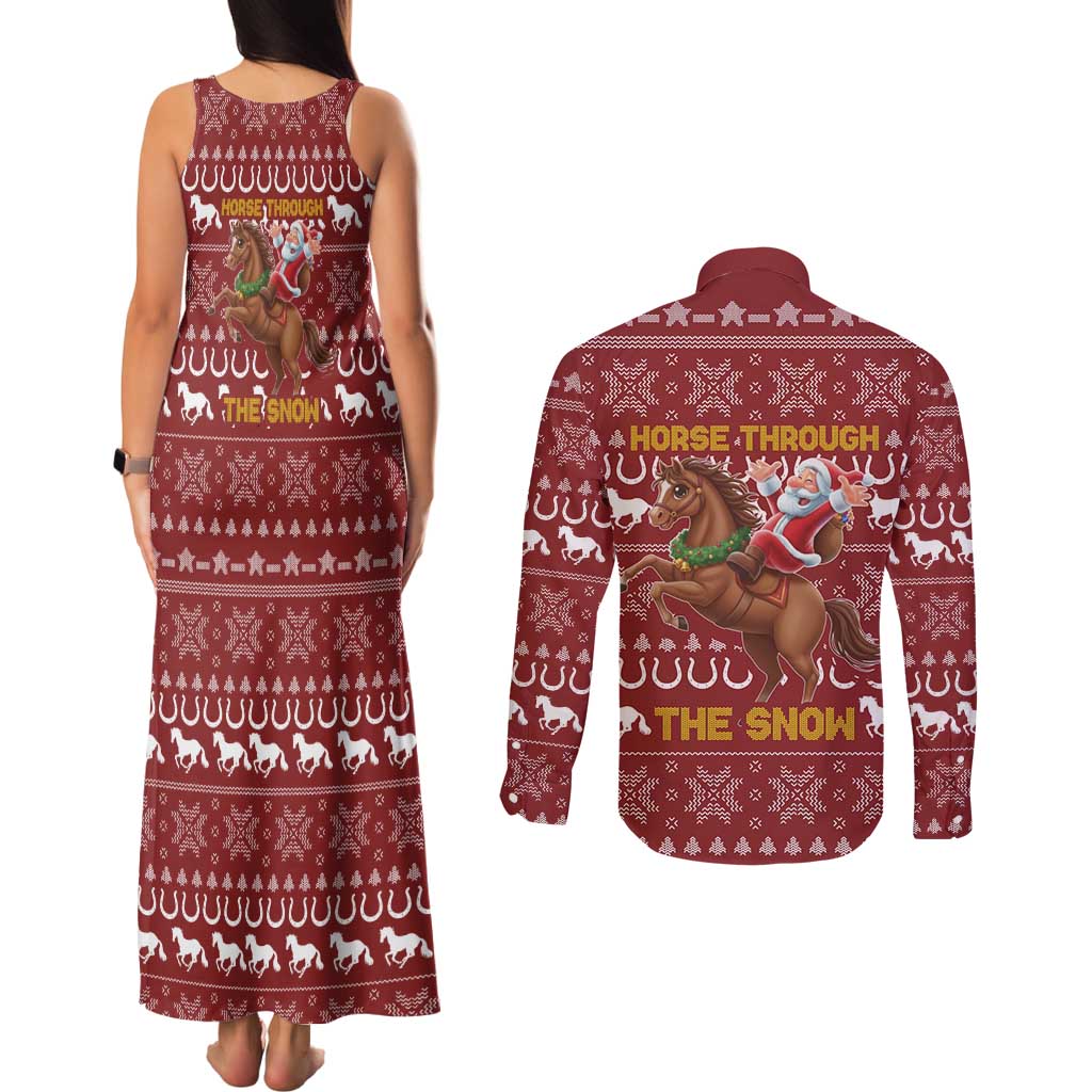 Horse Through The Snow Christmas Design Couples Matching Tank Maxi Dress and Long Sleeve Button Shirt Xmas Holiday Patterns - Wonder Print Shop