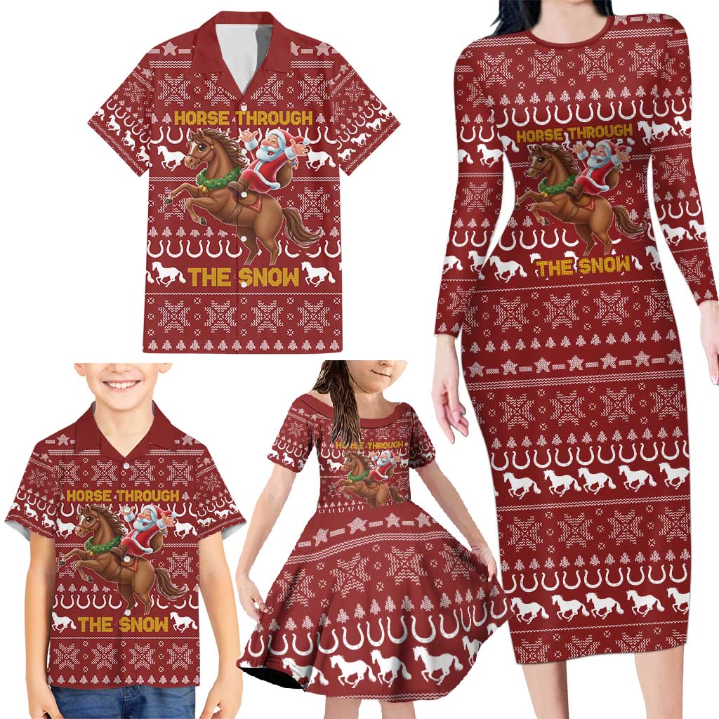 Horse Through The Snow Christmas Design Family Matching Long Sleeve Bodycon Dress and Hawaiian Shirt Xmas Holiday Patterns - Wonder Print Shop