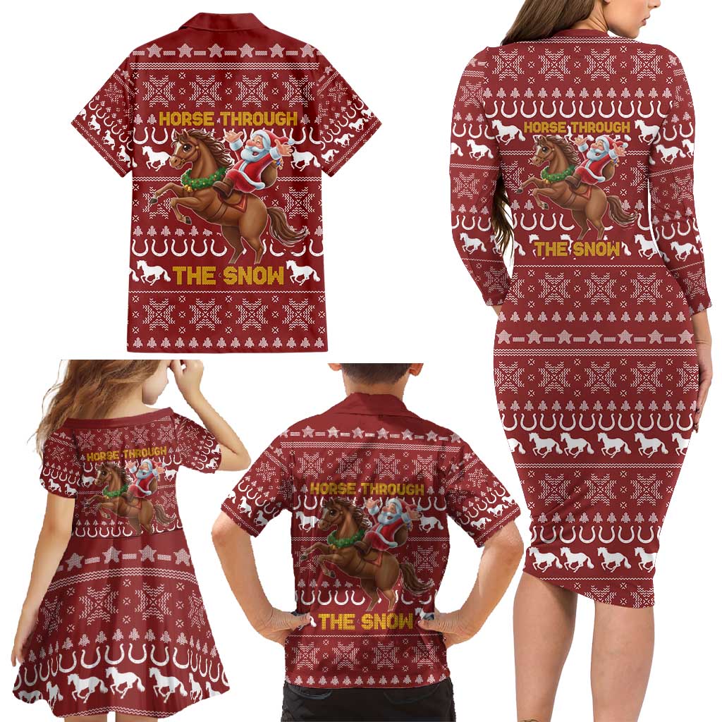 Horse Through The Snow Christmas Design Family Matching Long Sleeve Bodycon Dress and Hawaiian Shirt Xmas Holiday Patterns - Wonder Print Shop