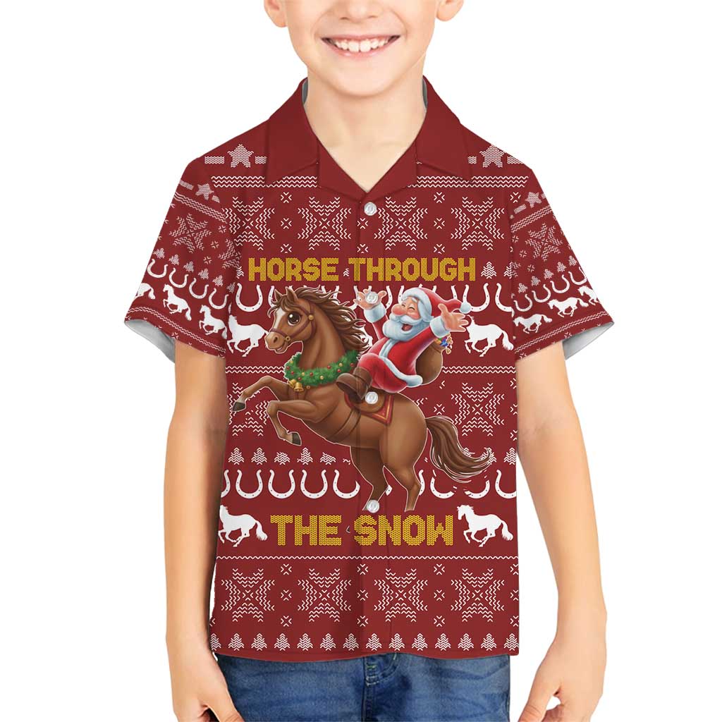 Horse Through The Snow Christmas Design Family Matching Long Sleeve Bodycon Dress and Hawaiian Shirt Xmas Holiday Patterns - Wonder Print Shop