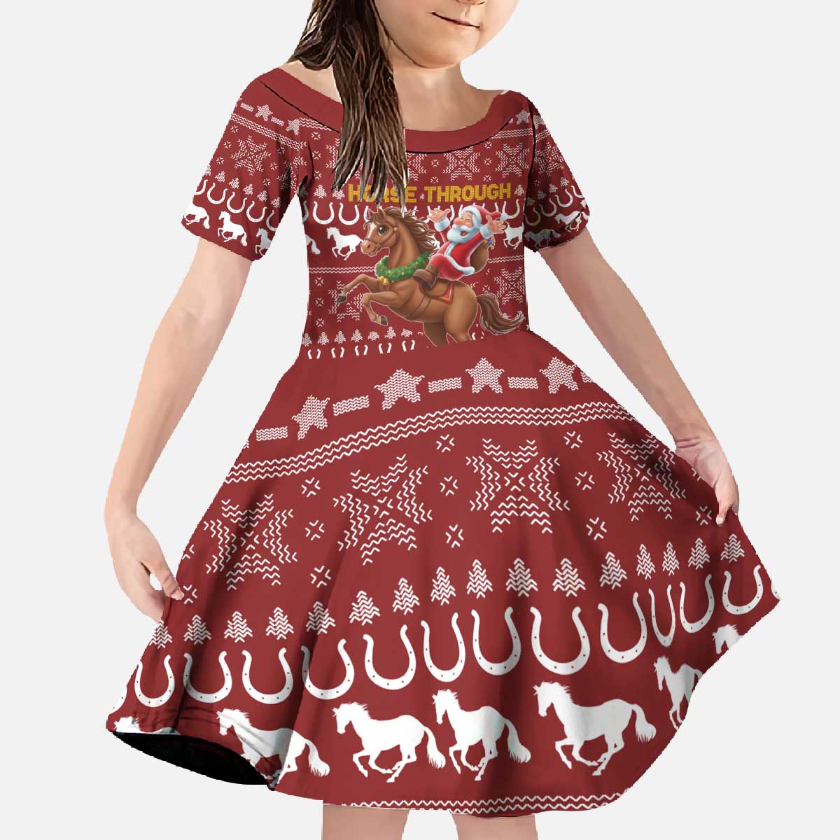 Horse Through The Snow Christmas Design Family Matching Off The Shoulder Long Sleeve Dress and Hawaiian Shirt Xmas Holiday Patterns - Wonder Print Shop