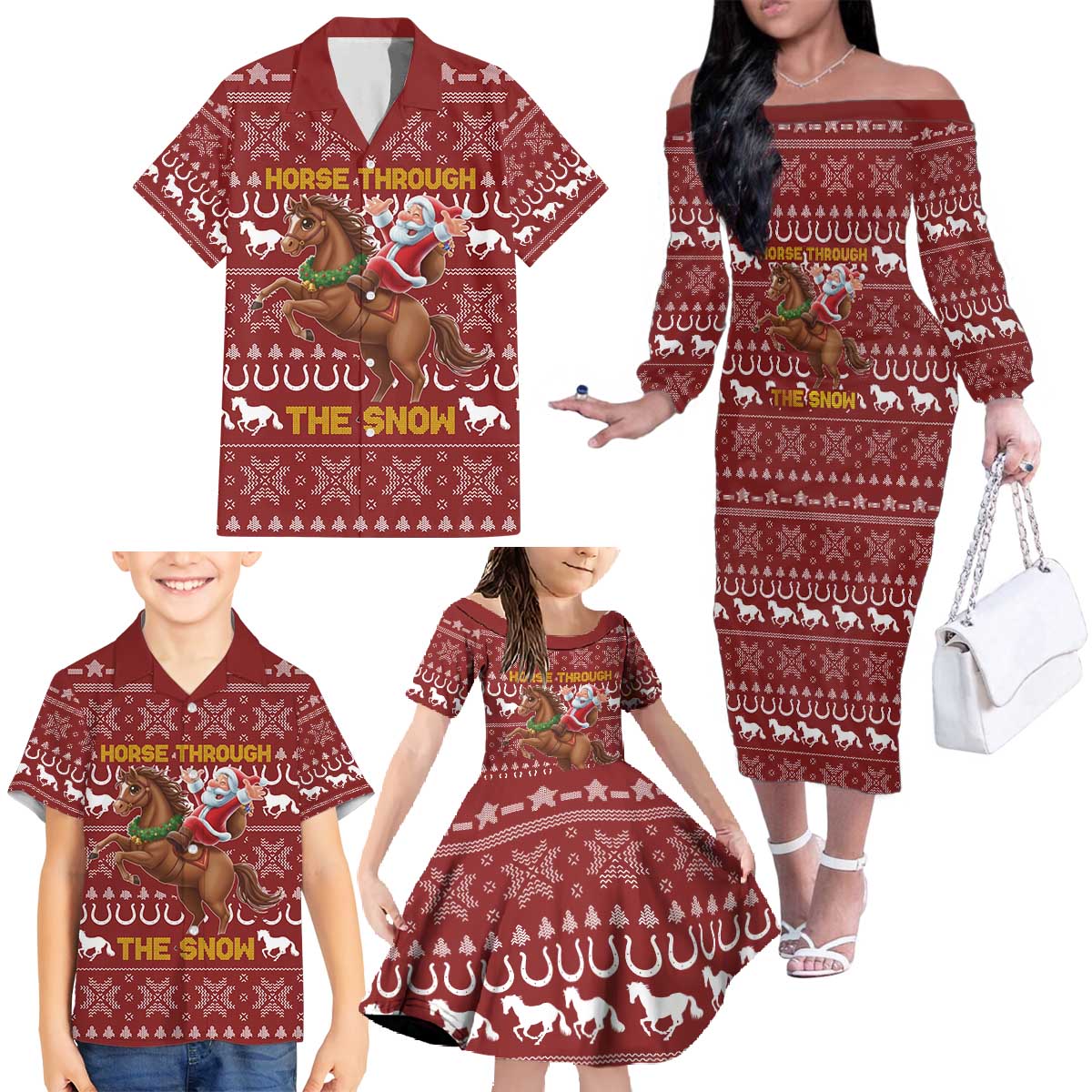 Horse Through The Snow Christmas Design Family Matching Off The Shoulder Long Sleeve Dress and Hawaiian Shirt Xmas Holiday Patterns - Wonder Print Shop