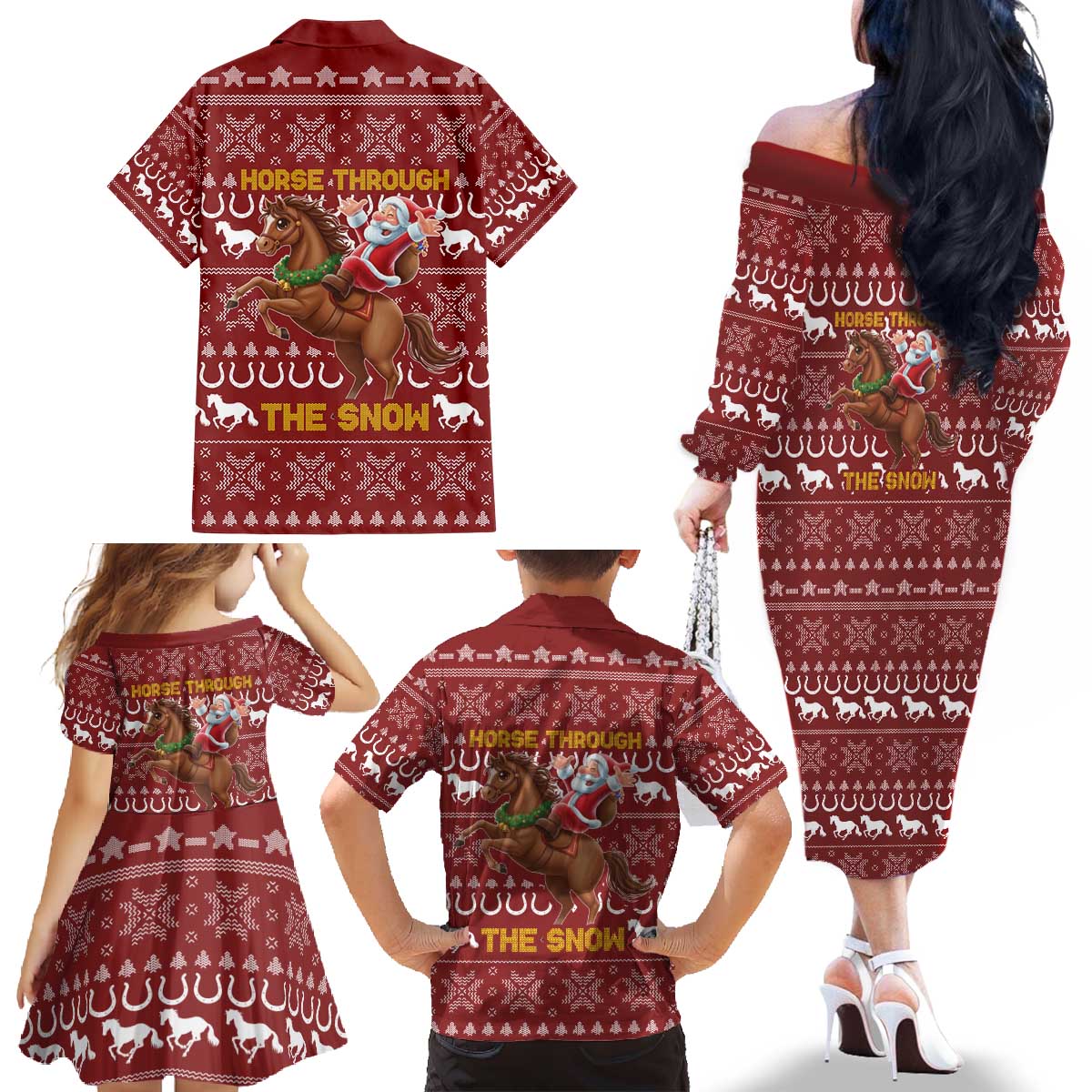 Horse Through The Snow Christmas Design Family Matching Off The Shoulder Long Sleeve Dress and Hawaiian Shirt Xmas Holiday Patterns - Wonder Print Shop