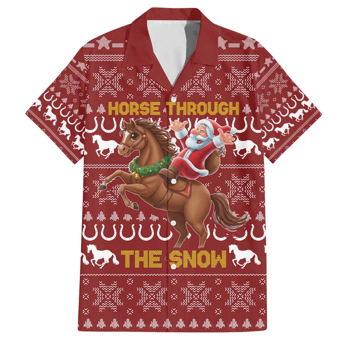 Horse Through The Snow Christmas Design Family Matching Off The Shoulder Long Sleeve Dress and Hawaiian Shirt Xmas Holiday Patterns - Wonder Print Shop