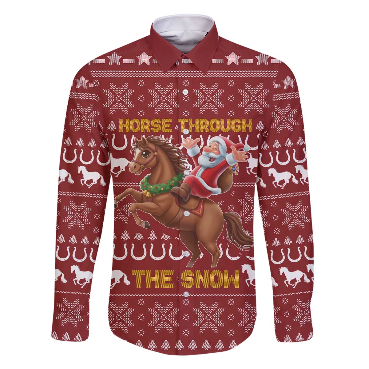 Horse Through The Snow Christmas Design Family Matching Off The Shoulder Long Sleeve Dress and Hawaiian Shirt Xmas Holiday Patterns - Wonder Print Shop