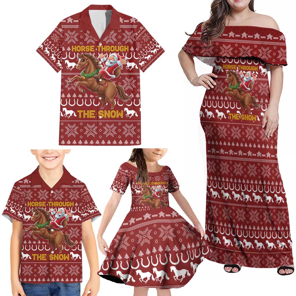 Horse Through The Snow Christmas Design Family Matching Off Shoulder Maxi Dress and Hawaiian Shirt Xmas Holiday Patterns - Wonder Print Shop