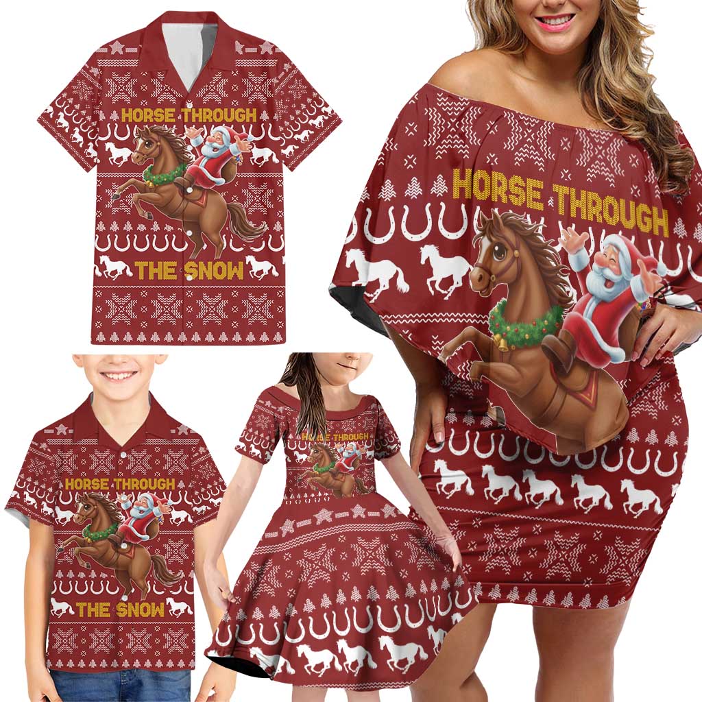 Horse Through The Snow Christmas Design Family Matching Off Shoulder Short Dress and Hawaiian Shirt Xmas Holiday Patterns - Wonder Print Shop