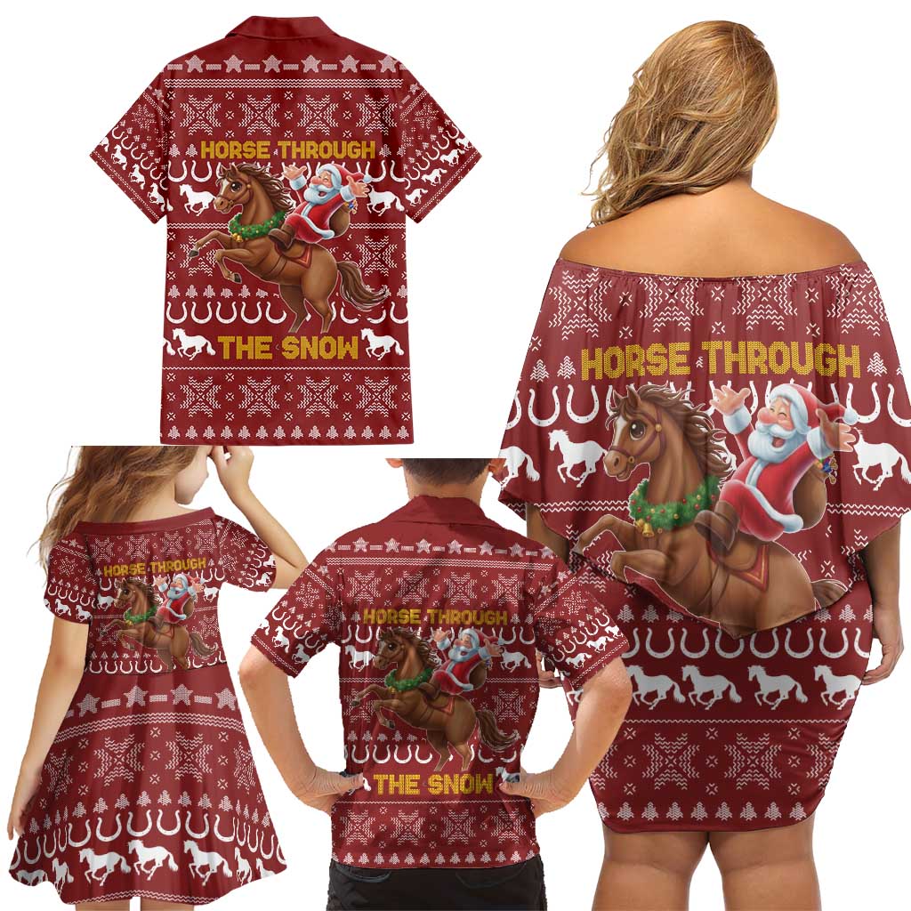 Horse Through The Snow Christmas Design Family Matching Off Shoulder Short Dress and Hawaiian Shirt Xmas Holiday Patterns - Wonder Print Shop